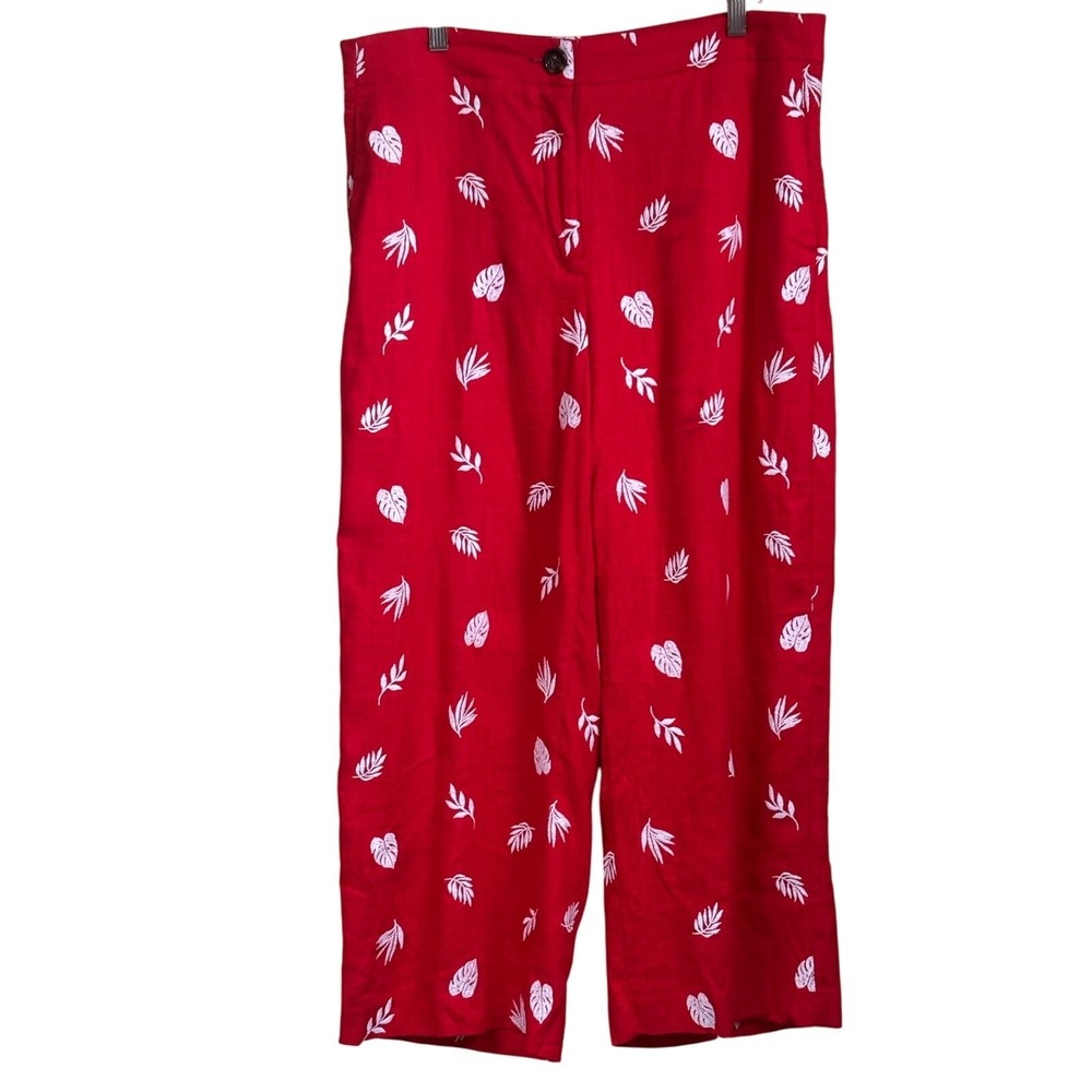 Ann Taylor Red Embroidered Tropical Leaf Linen Blend Wide Leg Crop Pants Size 12